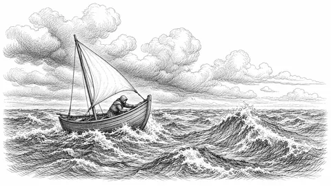 Ink drawing of a hooded figure in a small wooden sailboat on rough water under heavy clouds