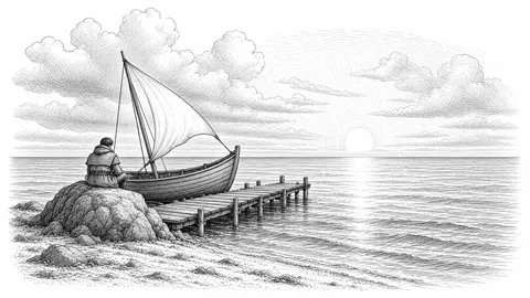 Ink drawing of a figure sitting on a rock beside a wooden pier and boat, the sun on the horizon