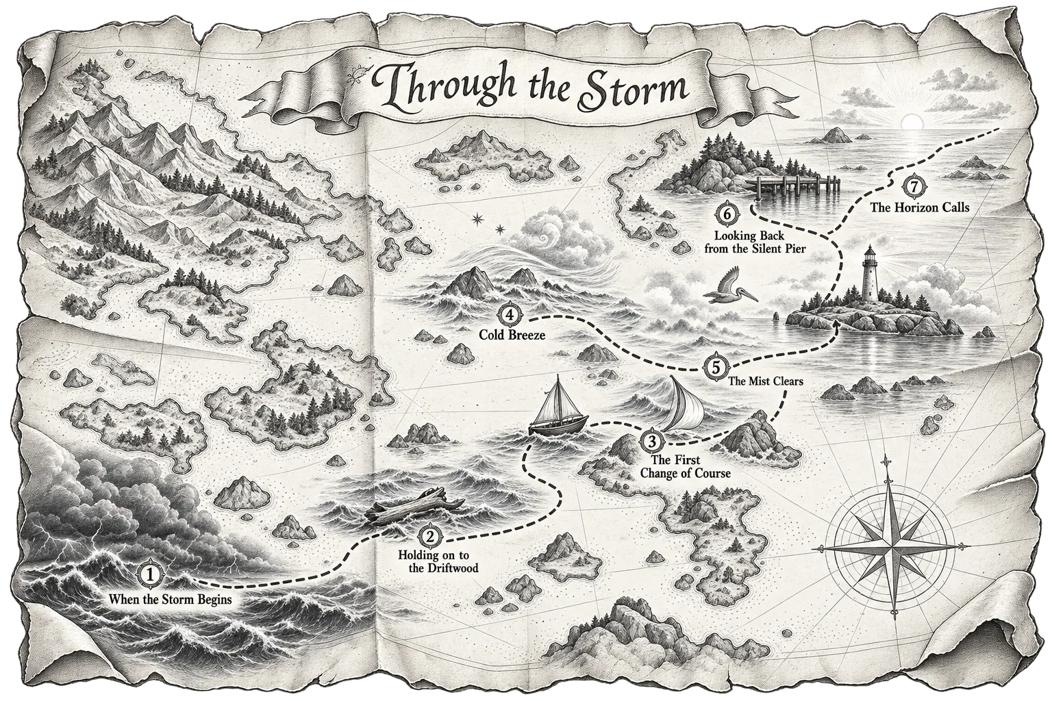 Hand-drawn sea map titled Through the Storm, with a dotted route through seven numbered stops, from a stormy sea to the horizon
