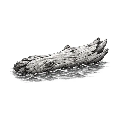 Ink drawing of a weathered piece of driftwood floating on the water