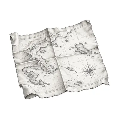 Ink drawing of a worn, folded sea map